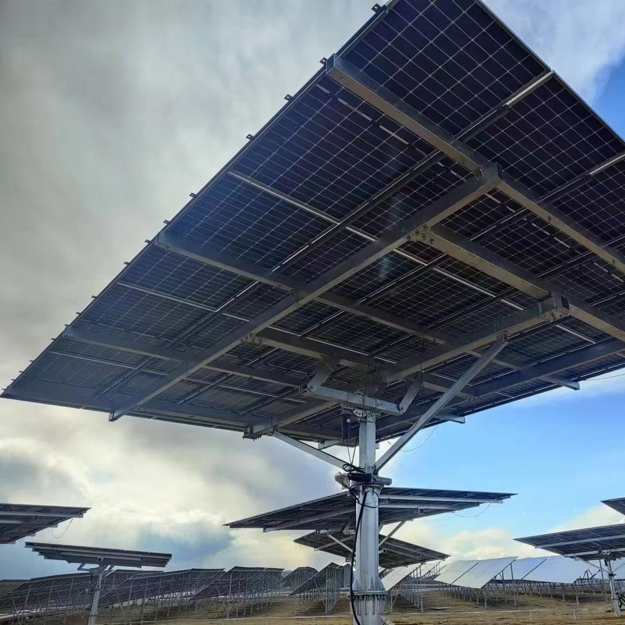 Dual-axis solar tracker steel structure seen from below